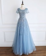 Blue Round Neck Tulle Sequin Beads Long Prom Dress Blue Tulle Formal Dress