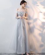Gray Tulle Lace Long Prom Dress, Lace Evening Dress