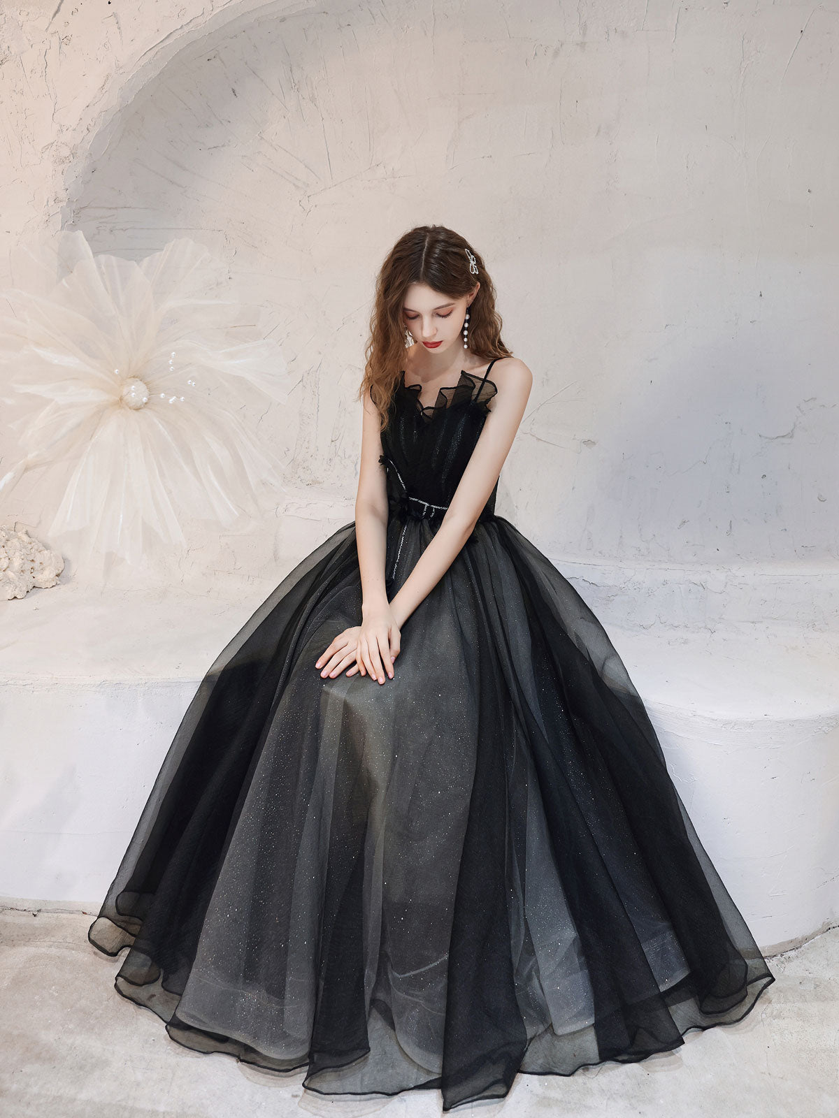 Black Tulle Lace Long Prom Dress Black Tulle Formal Dress