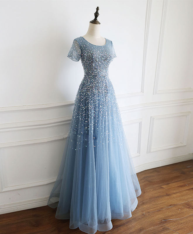 Blue Round Neck Tulle Sequin Beads Long Prom Dress Blue Tulle Formal Dress