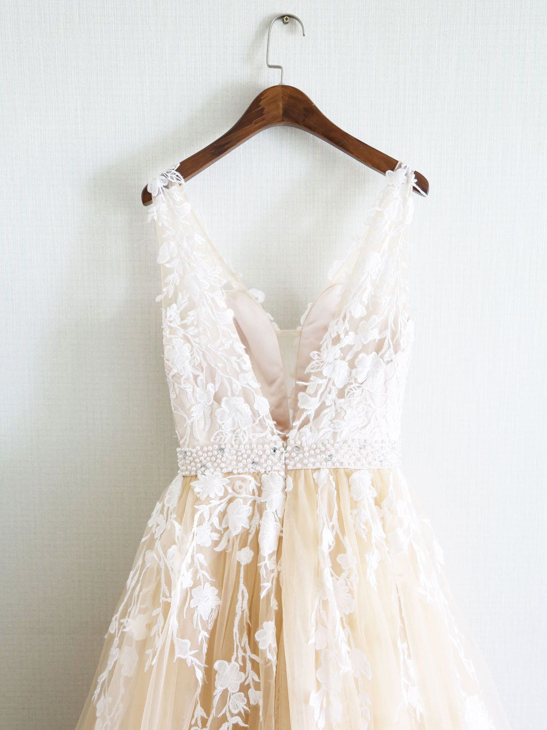 Champagne V Neck Tulle Lace Applique Long Prom Dress, Evening Dress