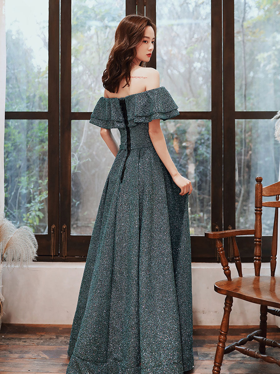 Simple Green Off Shoulder Long Prom Dress, Green Formal Graduation Dresses