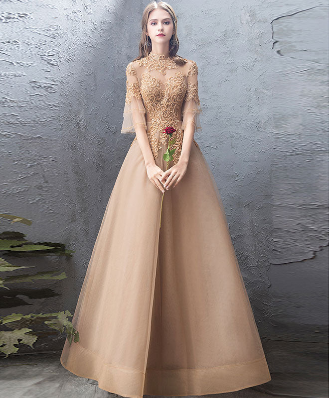 A-Line Tulle Lace Long Prom Dress, Tulle Lace Evening Dress