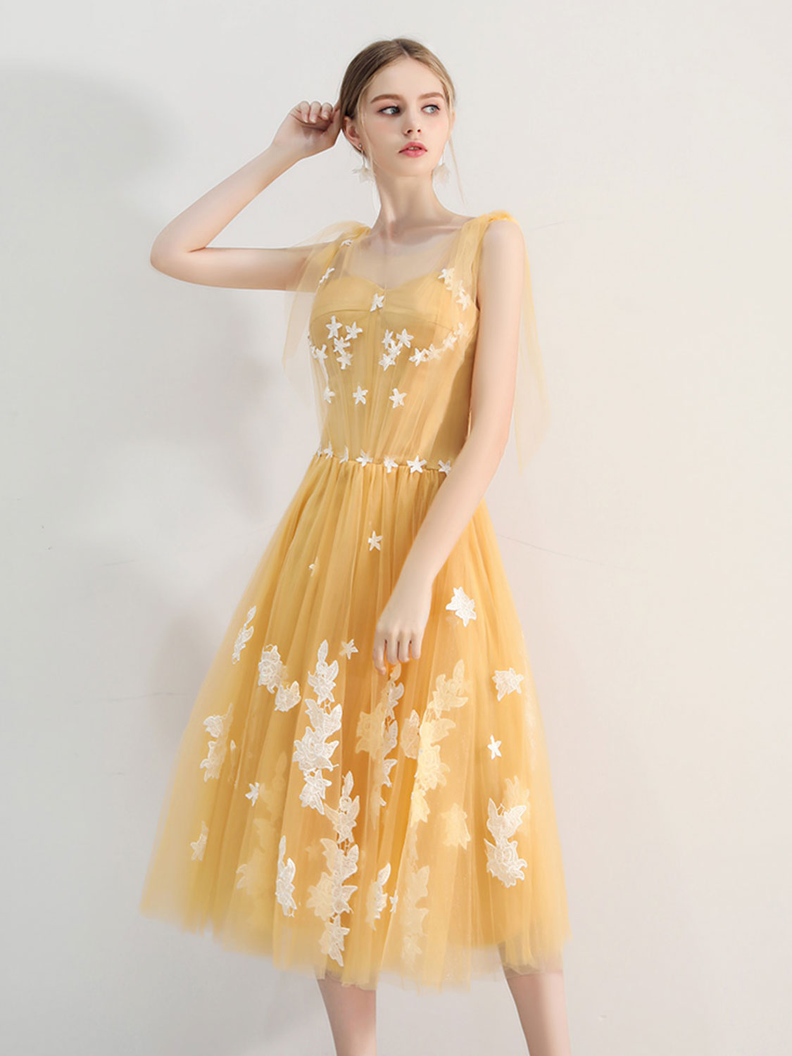 A-Line Yellow Tulle lace Short Prom Dress, Yellow Homecoming Dress