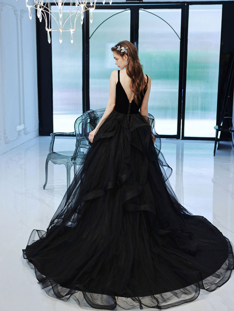 Black V Neck Tulle Long Prom Dress, Black Tulle Formal Graduation Dresses