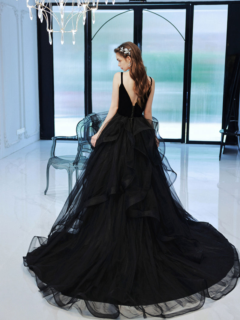 Black V Neck Tulle Long Prom Dress, Black Tulle Formal Graduation Dres – shopluu
