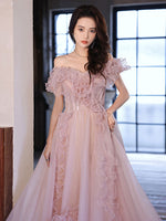 Pink Tulle Off Shoulder Long Prom Dress, Pink Formal Graduation Dresses
