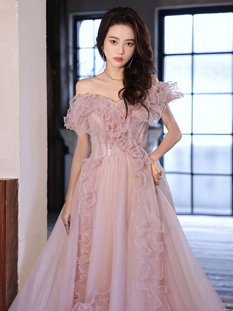 Pink Tulle Off Shoulder Long Prom Dress, Pink Formal Graduation Dresses