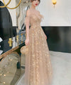 Champagne Round Neck Tulle Lace Long Prom Dress Tulle Evening Dress