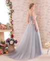 Gray A-Line V Neck Tulle Lace Applique Long Prom Dress, Gray Evening Dress