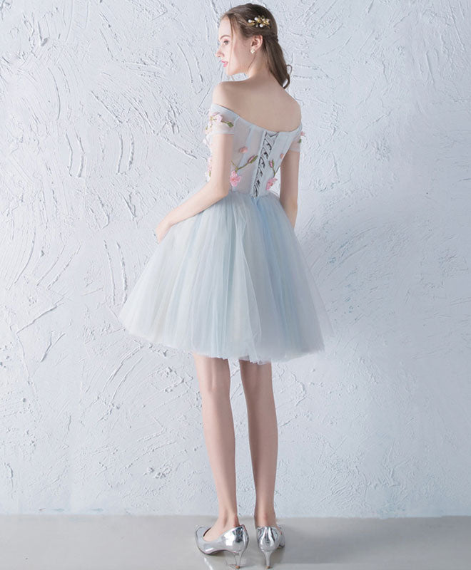 Gray Blue Tulle Lace Applique Short Prom Dress, Homecoming Dress