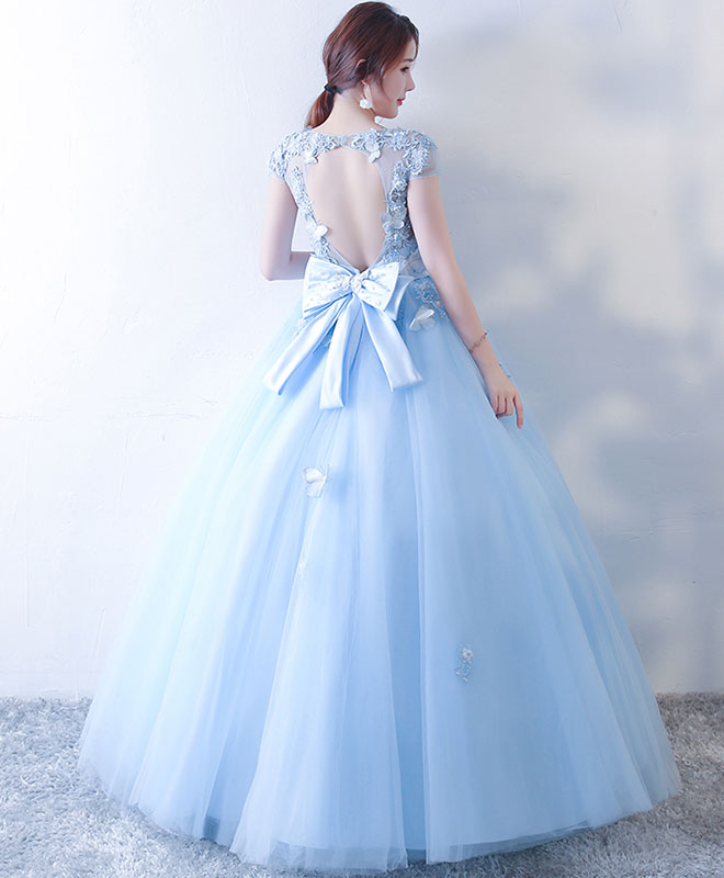 Blue Tulle Lace Long Prom Dress, Blue Sweet 16 Dress