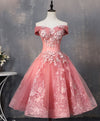 Pink Tulle Lace Off Shoulder Short Prom Dress Pink Homecoming Dress