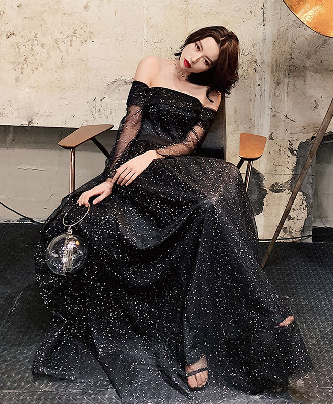 Black Tulle Long Prom Dress, Shiny Black Tulle Evening Dress
