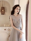 Champagne Round Neck Tulle Beads Long Prom Dress, Champagne Evening Dress