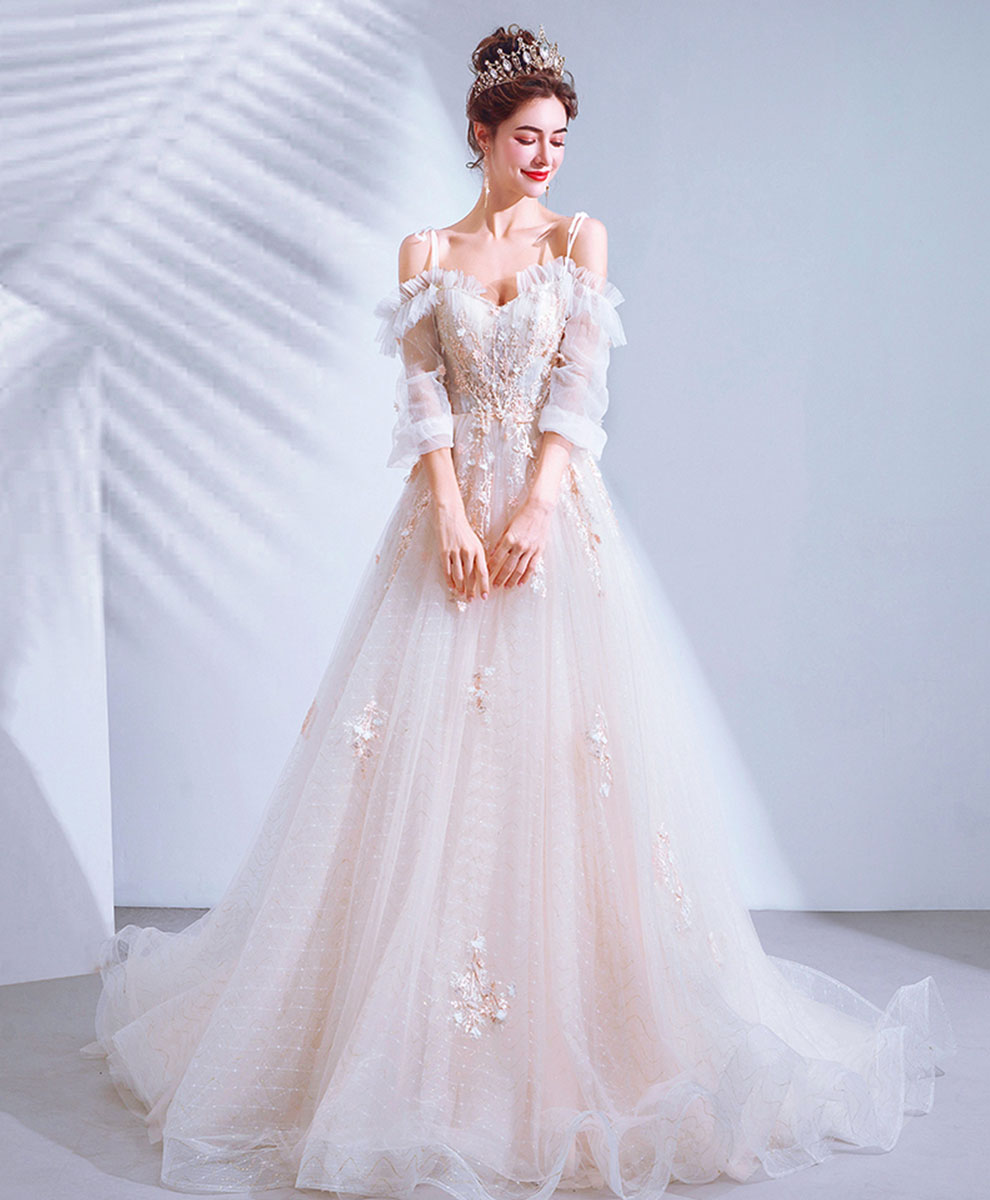 Light Pink Tulle Lace Long Prom Dress Lace Long Evening Dress
