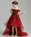 Burgundy High Low Tulle Lace Flower Girl Dress, Party Girl Dress