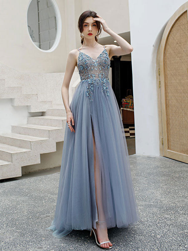 Gray blue v neck tulle beads long prom dress, gray tulle formal dress