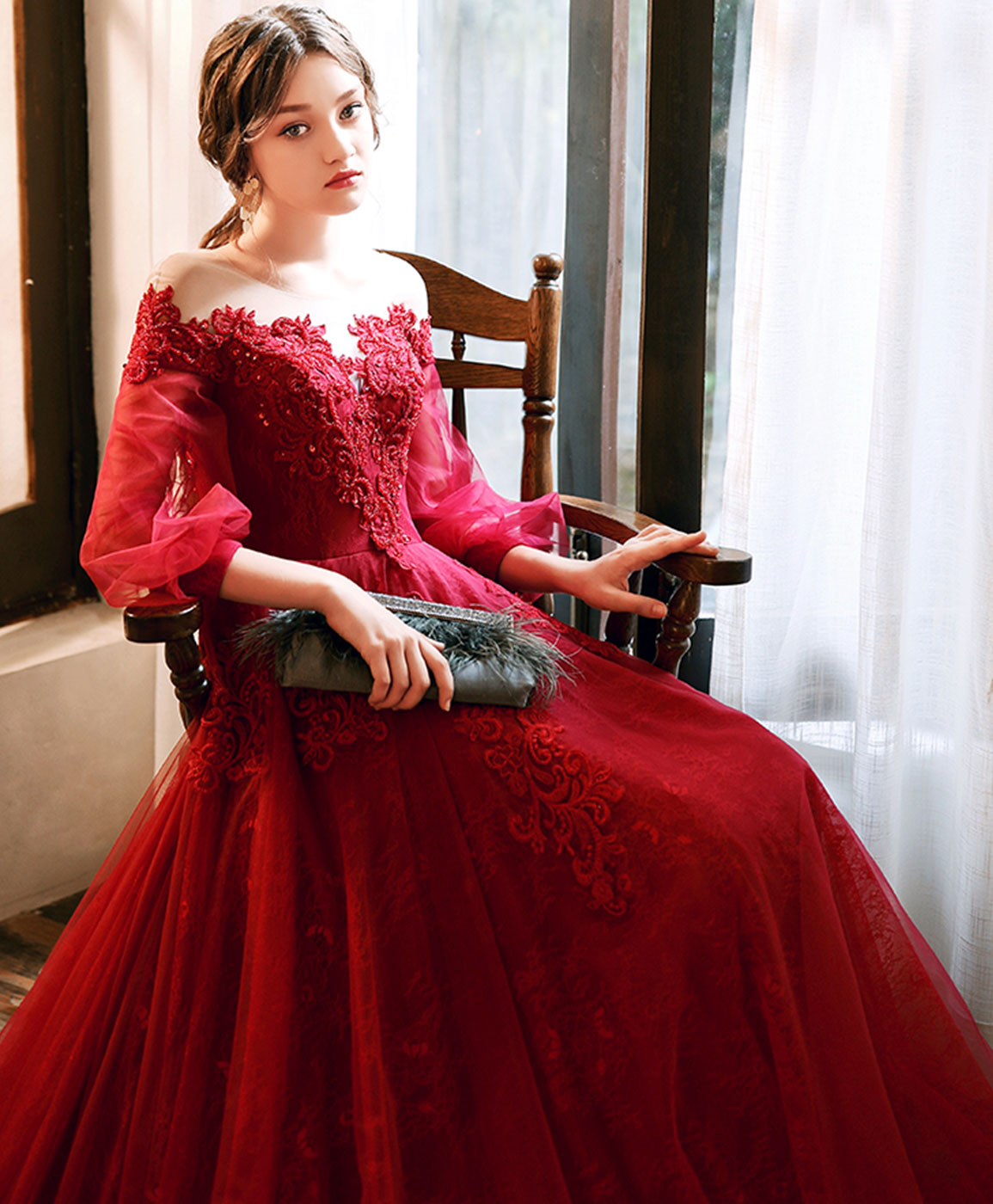 Burgundy Round Neck Tulle Beads Long Prom Dress Burgundy Evening Dress