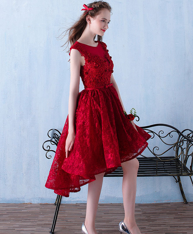 Burgundy Lace Short Prom Dress, Burgundy Lace Homecoming Dress – shopluu