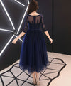 Blue Round Neck Tulle Lace Prom Dresses, Tea Length Blue Homecoming Dresses