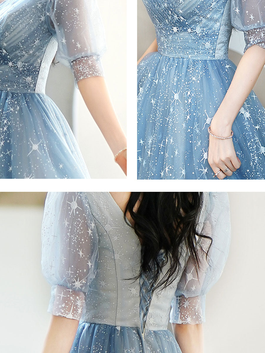 Simple V Neck Tulle Star Blue Long Prom Dress, Blue Formal Bridesmaid Dresses