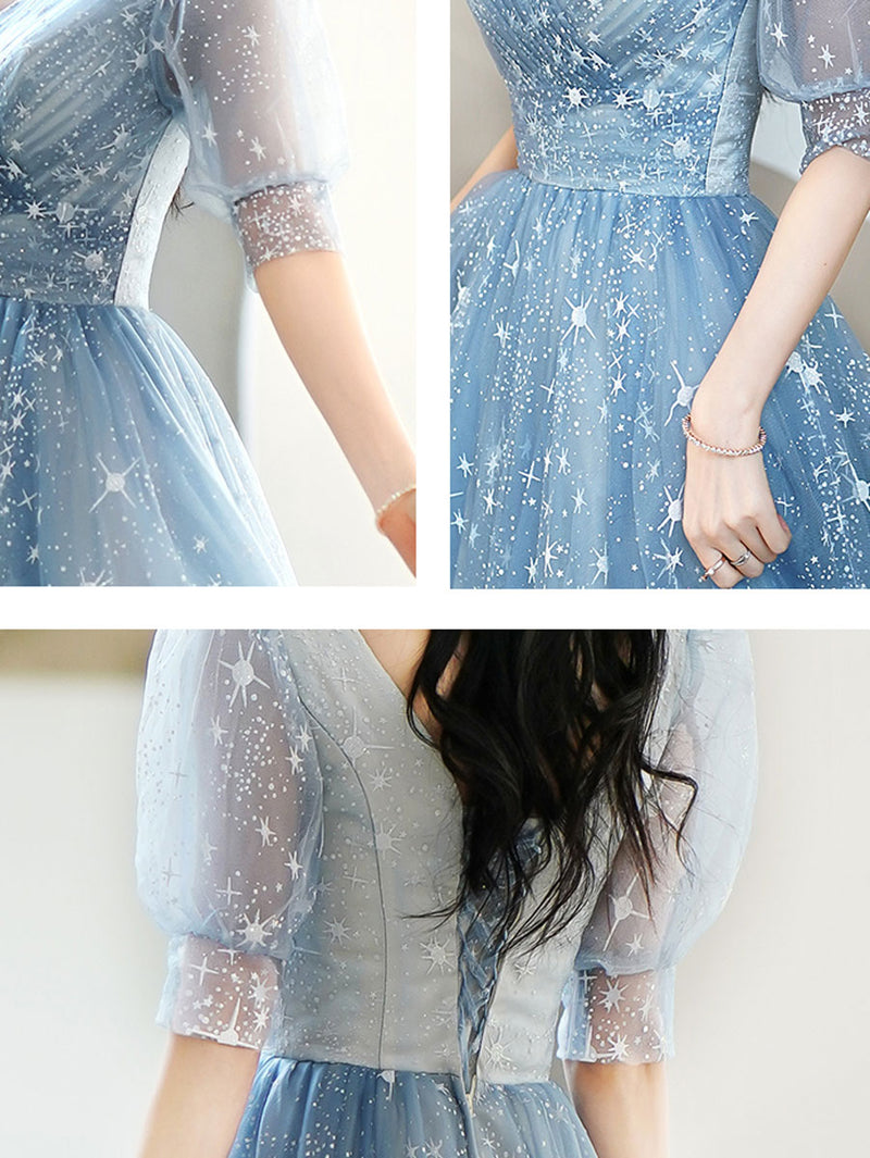Simple V Neck Tulle Star Blue Long Prom Dress, Blue Formal Bridesmaid shopluu Simple V Neck Tulle Star Blue Long Prom Dress, Blue Formal Bridesmaid shopluu