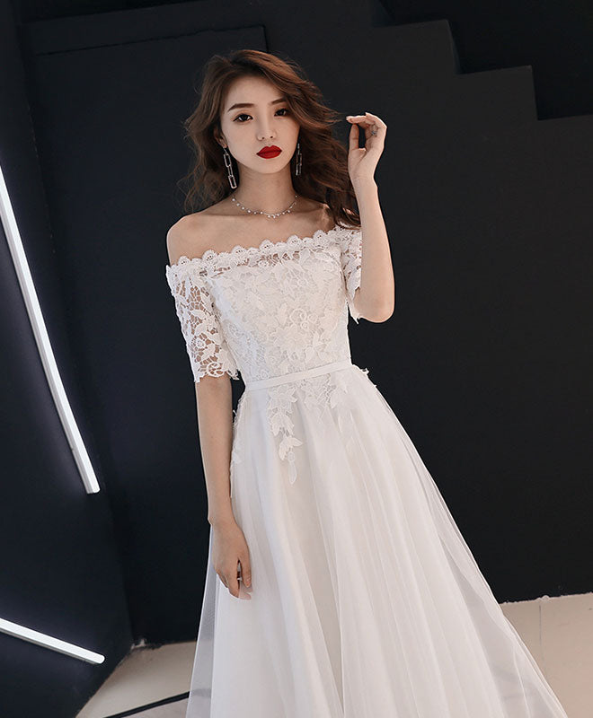 White Lace Tulle Long Prom Dress, White Tulle Lace Bridesmaid Dress