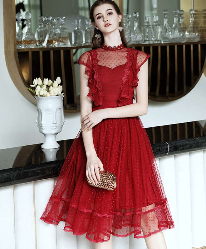 Burgundy Tulle Lace Short Prom Dress, Homecoming Dress