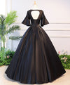 Black Round Neck Satin Lace Long Prom Dress, Sweet 16 Dress