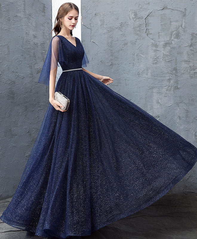 Dark Blue Sequin Tulle Long Prom Dress, Dark Blue Evening Dress – shopluu