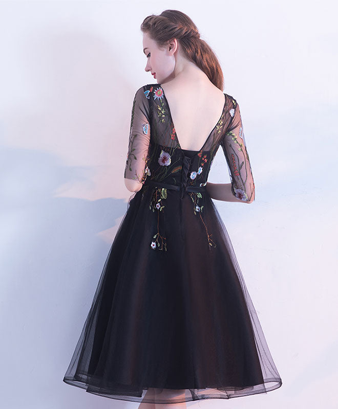 Cute Black Lace Short Prom Dress, Black Evening Dress