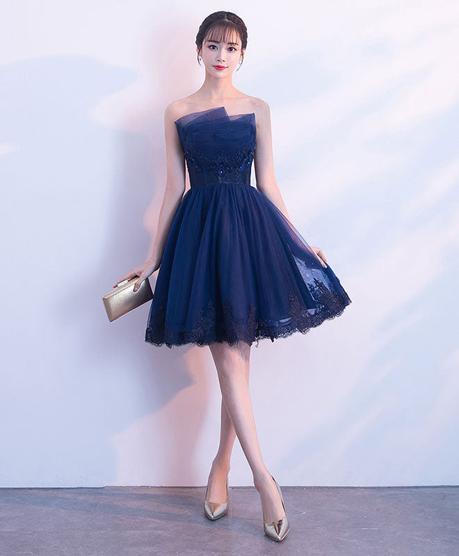 Formal Dark Blue Short Dress Cute Dark Blue Tulle Lace Short Prom