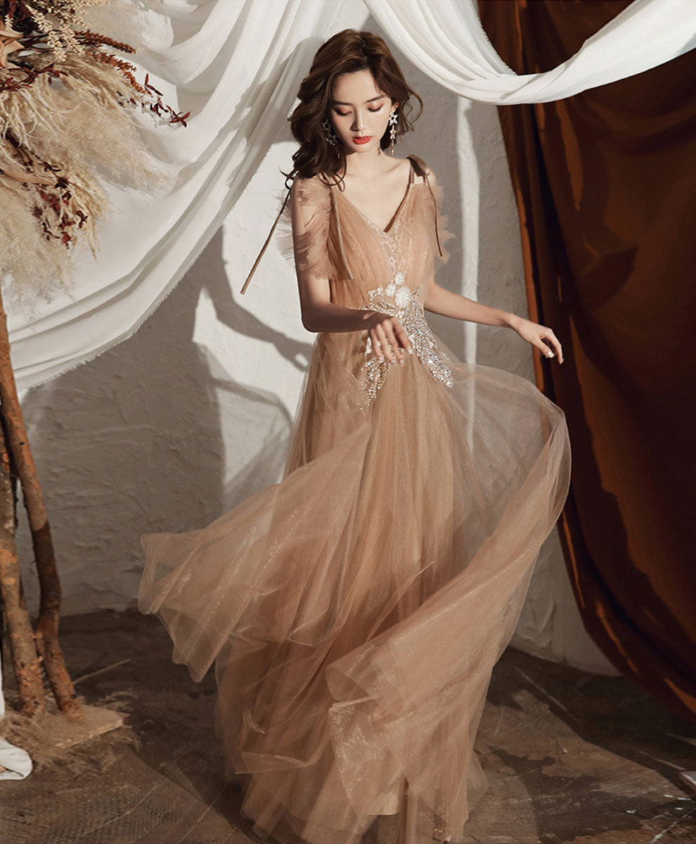 Champagne V Neck Tulle Lace Long Prom Dress Lace Tulle Graduation Dresses