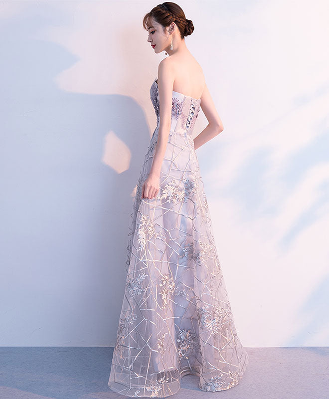 Gray Tulle Lace Long Prom Dress, Gray Tulle Evening Dress