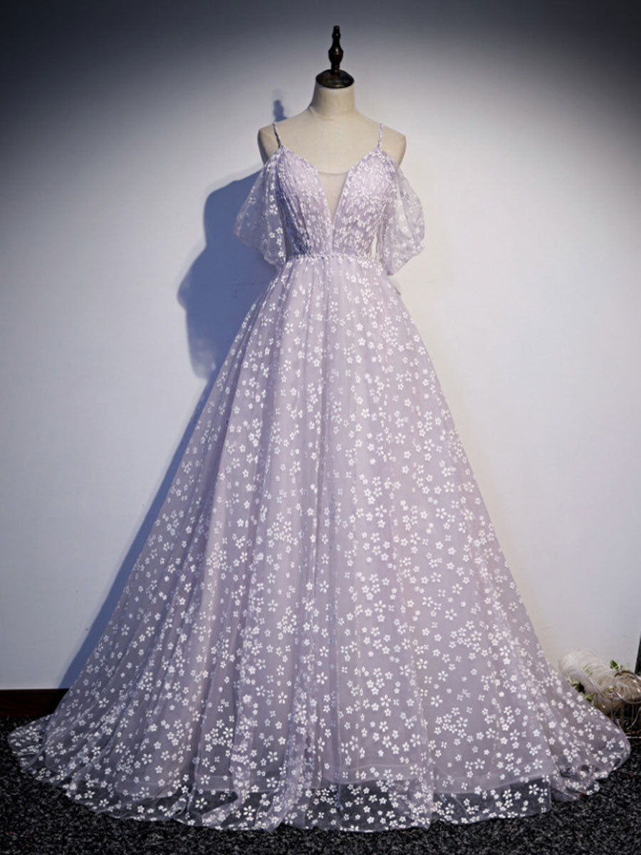 Purple tulle off shoulder long prom dress, purple evening dress