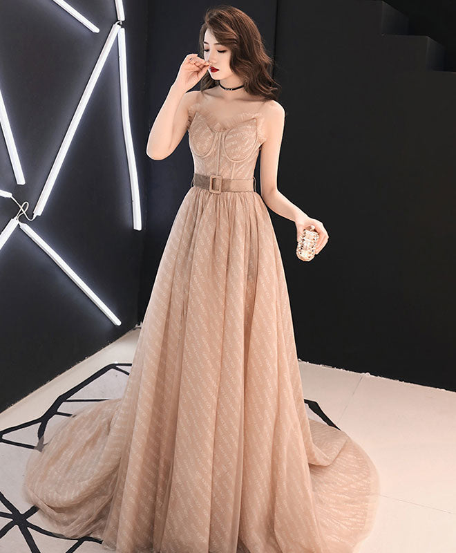 Champagne A-Line Tulle Long Prom Dress Champagne Evening Dress