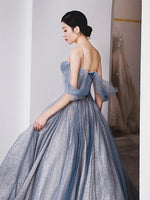 Gray Blue Tulle Tea Length Prom Dress, Blue A line Formal Dresses