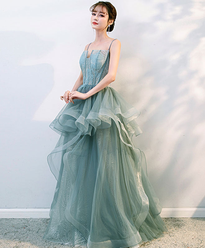 Green Tulle Lace Long Prom Gown, Tulle Formal Dress