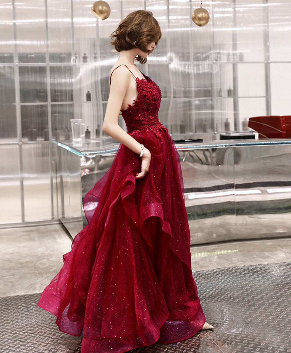 Burgundy V Neck Tulle Lace Long Prom Dress Burgundy Evening Dress