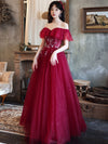 Burgundy Off Shoulder Tulle Sequin Long Prom Dress Burgundy Evening Dress