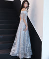 Gray Tulle Lace One Shoulder Long Prom Dress Lace Evening Dress