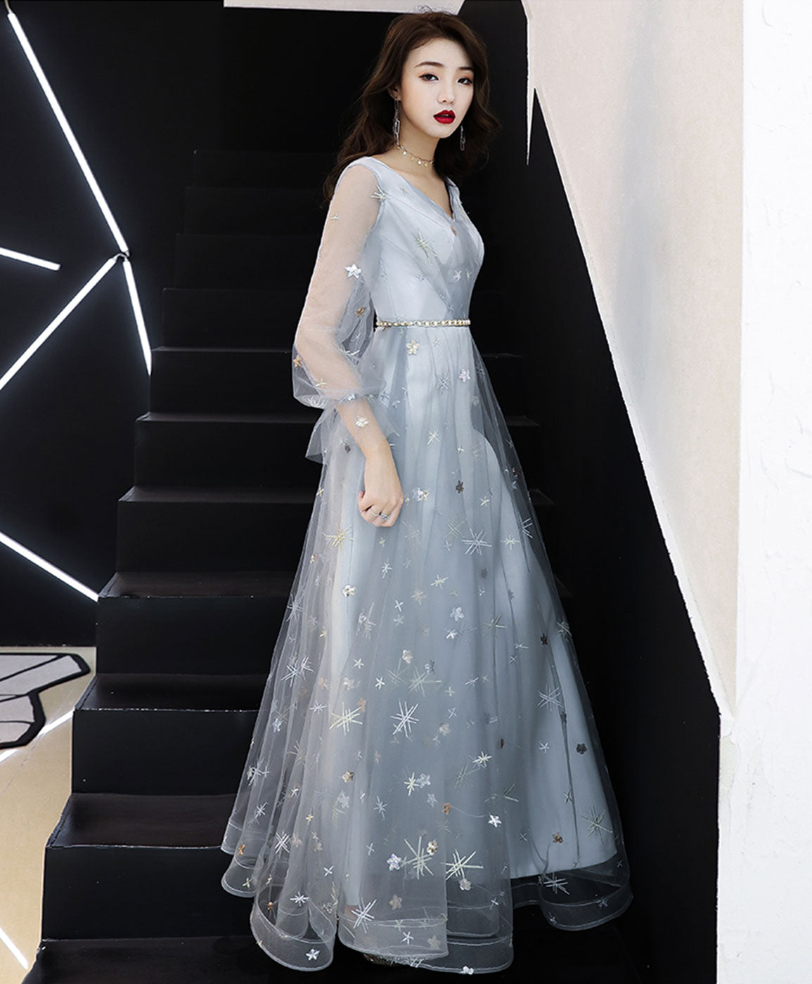 Gray V Neck Tulle Lace Long Prom Dress, Gray Tulle Evening Dress