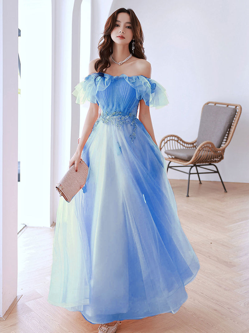 Pink Off Shoulder Tulle Long Prom Dress, Pink Tulle Formal Dress shopluu Pink Off Shoulder Tulle Long Prom Dress, Pink Tulle Formal Dress shopluu