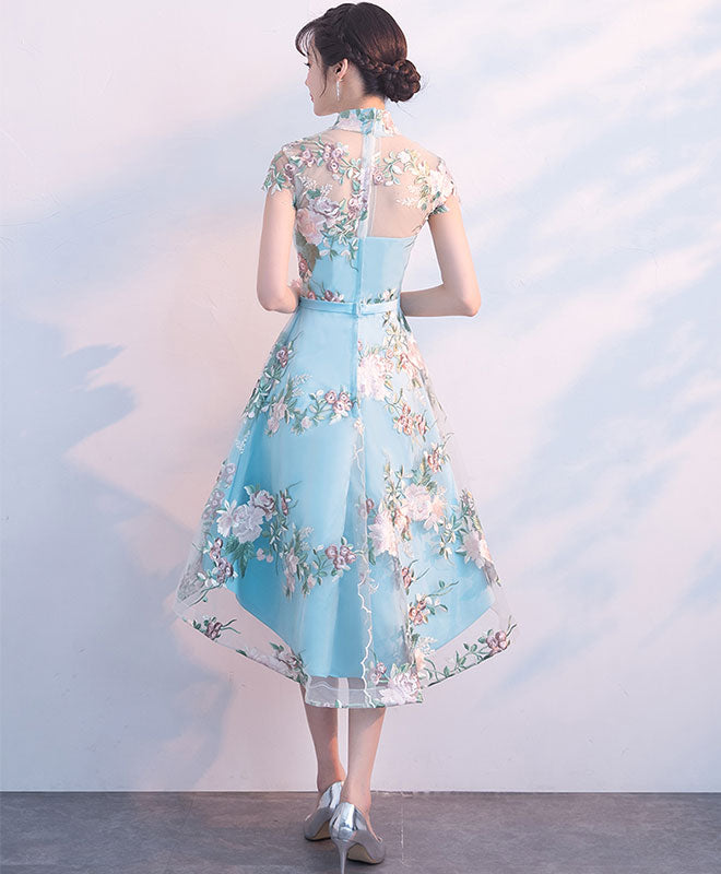A-Line Blue Tulle Embroidery Short Prom Dress, Blue Evening Dress