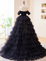 Black Off Shoulder Tulle Long Prom Dress, Black Formal Evening Dress