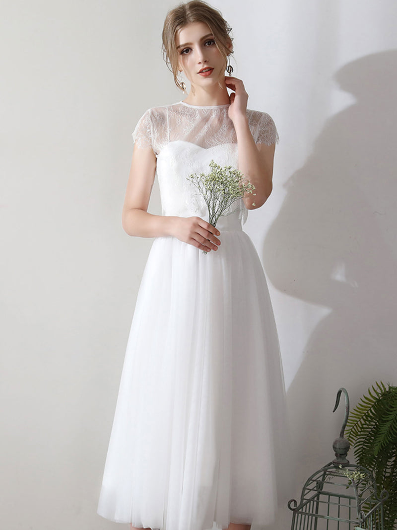 White Lace Short Bridesmaid Dress, Two Pieces Wedding Party Dresses