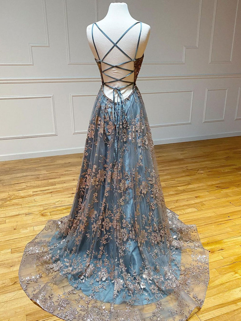 A-Line  V Neck Tulle Sequin Long Prom Dress