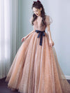 Simple Champagne V Neck Tulle Long Prom Dress, Champagne Evening Dresses