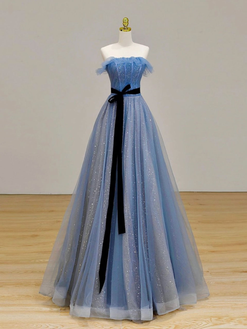 A-Line Blue Long Prom Dress, Tulle Sequin Long Blue Formal Evening Dress